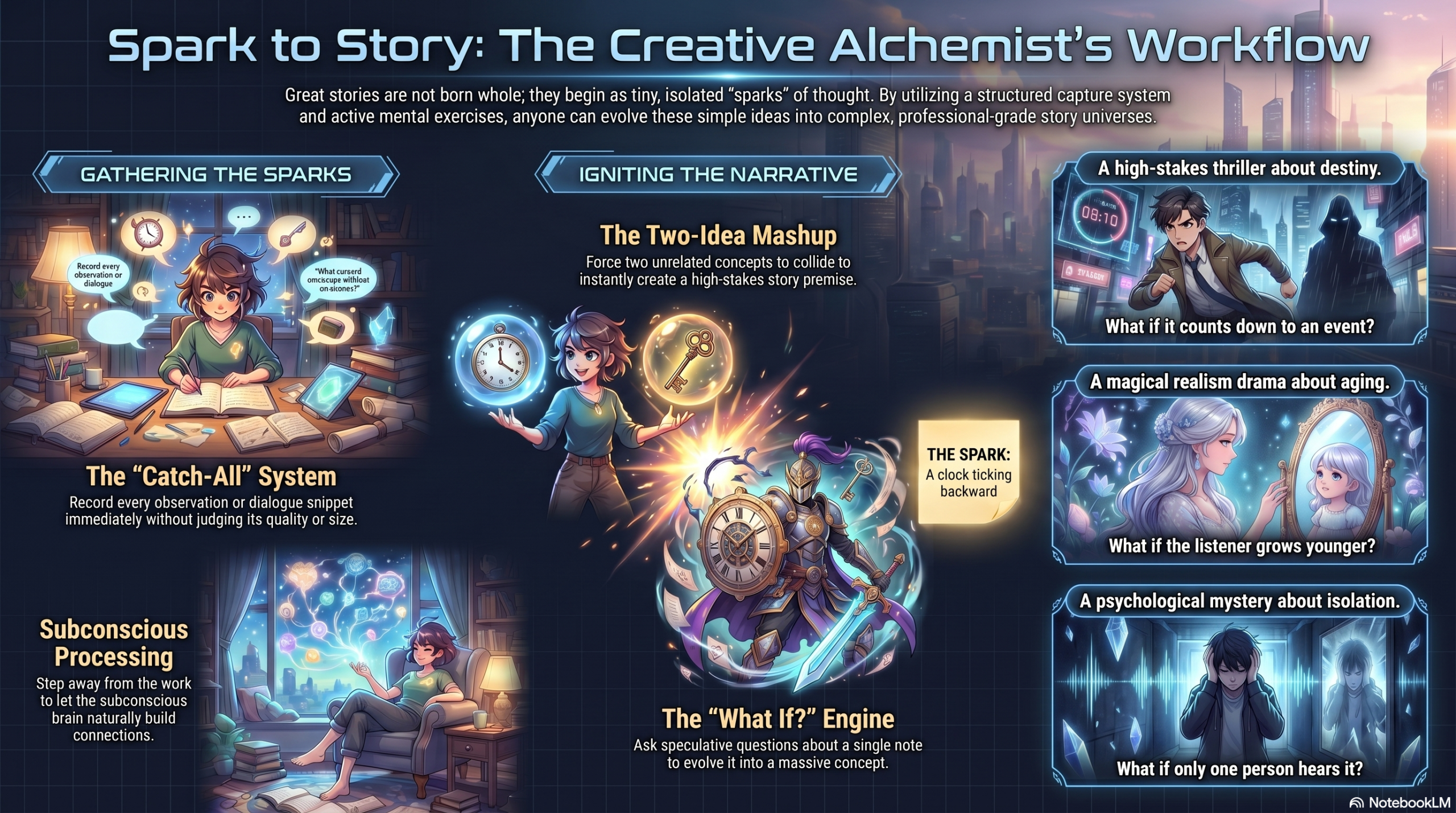 Make Small Ideas Big Graphic titled Spark to Story, representing the journey from an idea to a complete narrative.