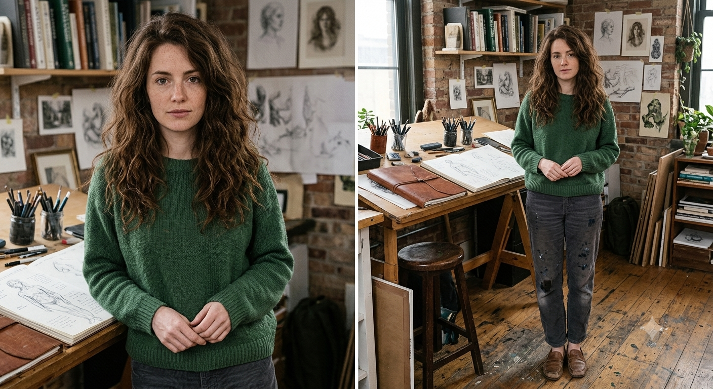 Diptych of a young female artist in a bright loft studio filled with sketches, books, and drawing supplies. One panel shows a close portrait, while the other shows her standing beside her drafting table in a forest-green sweater and paint-splattered pants.
