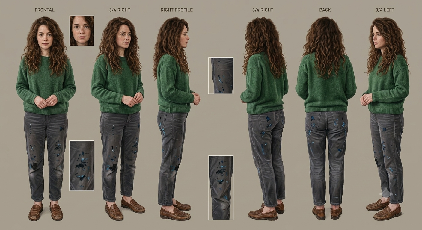 Character turnaround reference sheet showing an artist character from six angles—front, three-quarter, profile, back, and opposite three-quarter views—wearing a green sweater, paint-splattered gray pants, and brown loafers, with close-up details of her face and clothing.