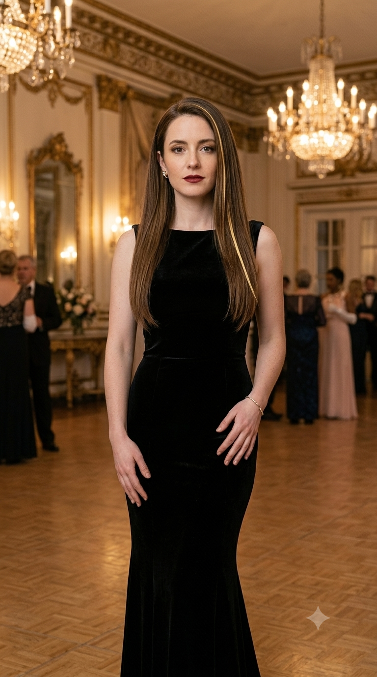 Elegant young woman with long straight brown hair and a single gold highlight wearing a fitted black evening gown in a luxurious ballroom illuminated by crystal chandeliers.