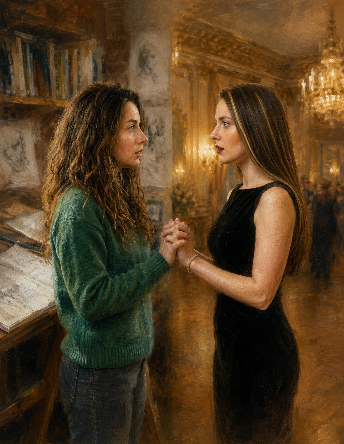 Painterly illustration of an artist in a green sweater clasping hands with an elegant woman in a black evening gown as a cozy studio blends into a luxurious ballroom, symbolizing the transformation of imagination into reality.