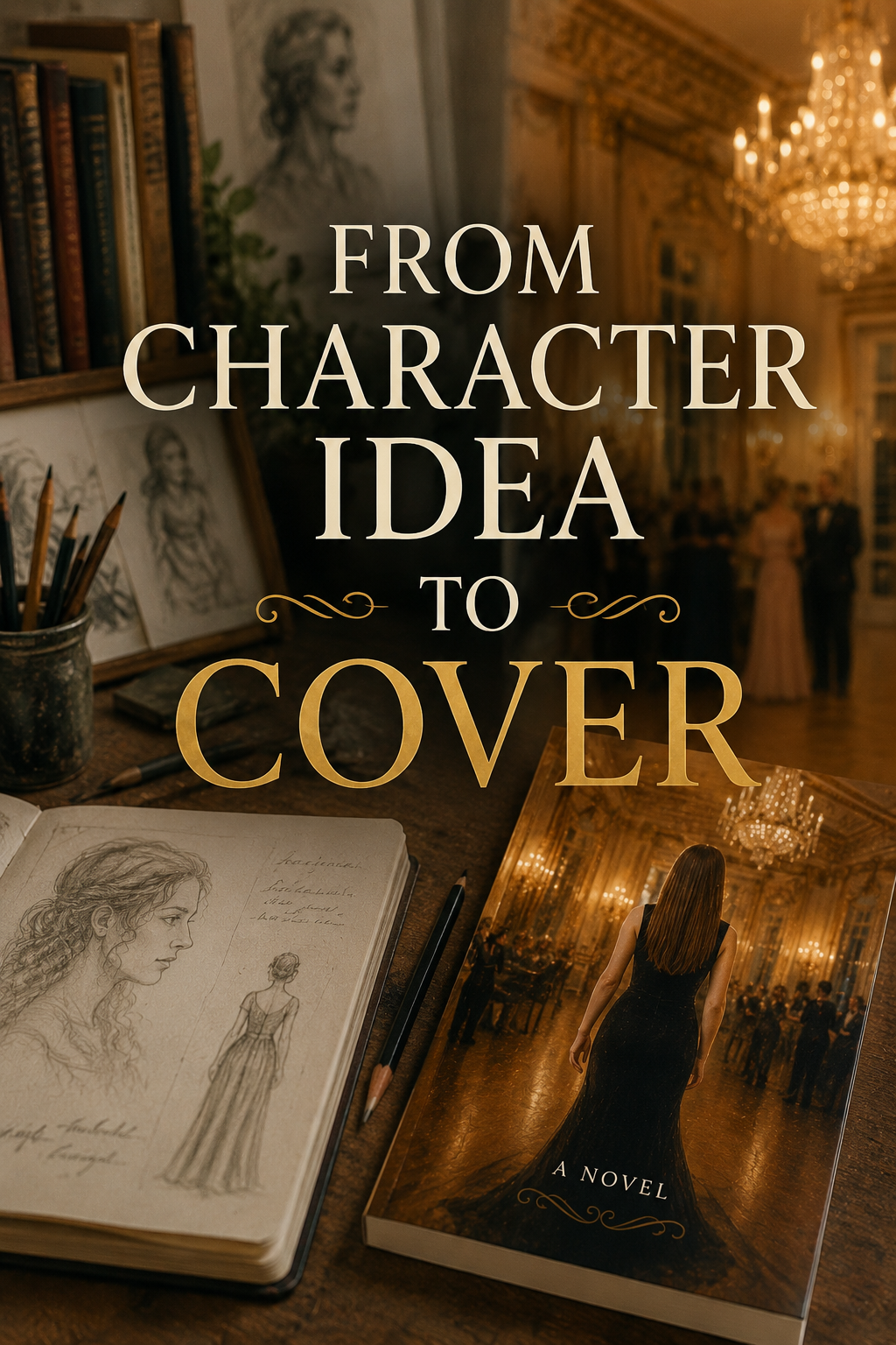 Illustration titled From Character Idea to Cover, showing the creative journey from character concept to finished novel cover.