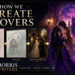 From Pencil Sketch to Cover Image Promotional graphic titled "How We Create Covers" showing the progression from an initial pencil concept to a refined sketch, AI-assisted color concept, and a finished fantasy book cover, branded for Morris Writers.