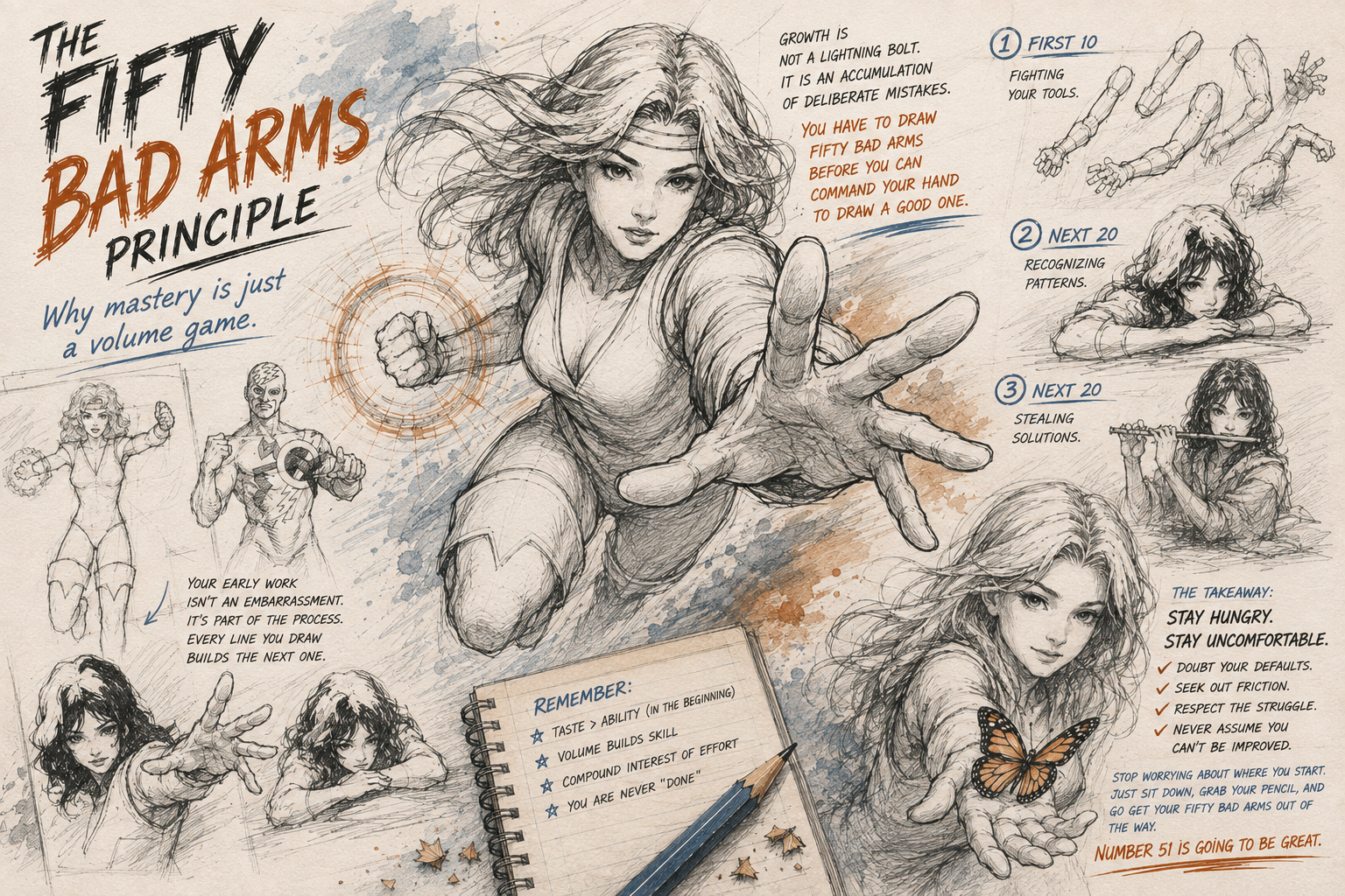 Graphic for The Fifty Bad Arms Principle, illustrating a concept about improving character arm poses.