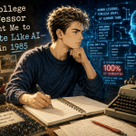 My College Professor Taught Me to Write Like AI—in 1985 Graphic titled Write Like an AI in 85, promoting content about AI-style writing.