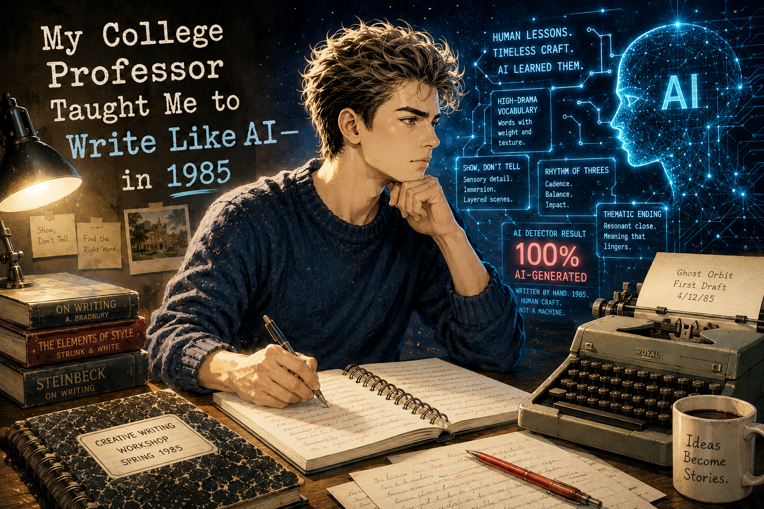 Graphic titled Write Like an AI in 85, promoting content about AI-style writing.